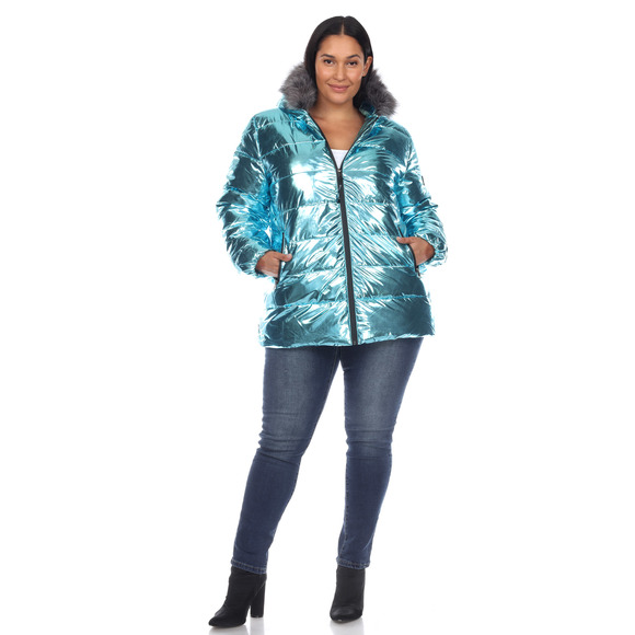 Plus Size Metallic Puffer Coat with Hoodie - Picture 3 of 5